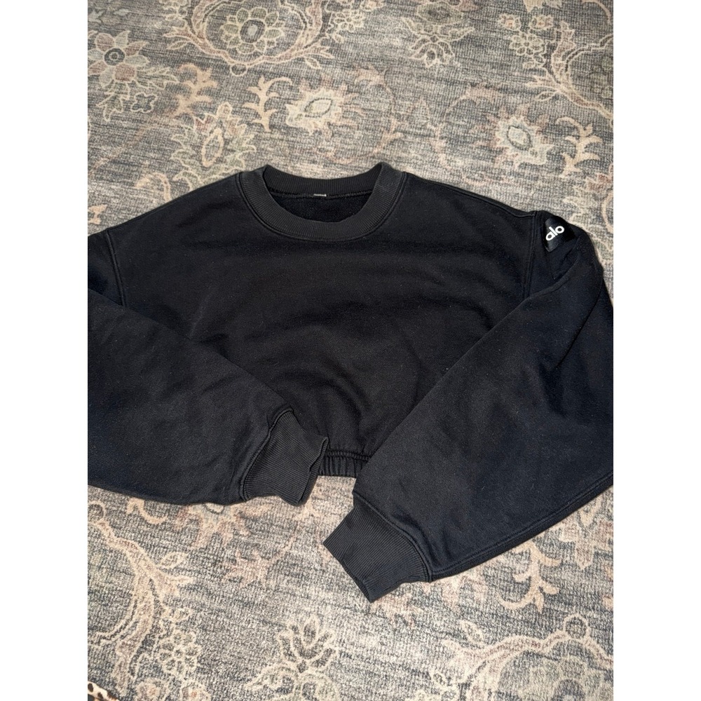 Alo Black Cotton Cropped Long Sleeve Crewneck Sweatshirt
